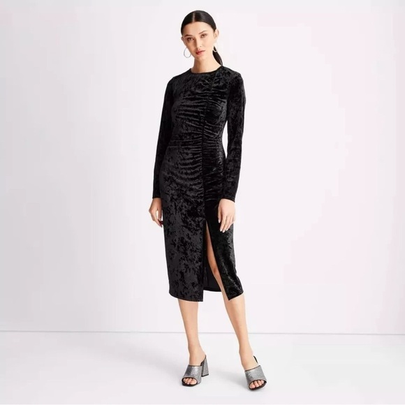 NWT Future Collective Women’s XL Black Velvet Ruched Open Back A-line Dress - Picture 1 of 10